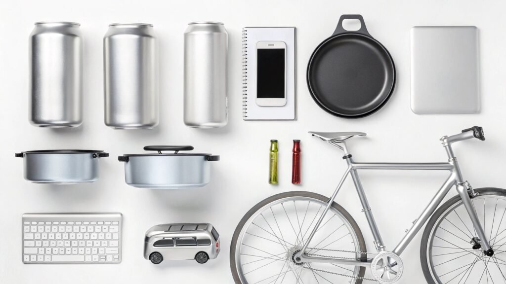 alt text: Everyday items containing aluminum - soda can, kitchen foil, smartphone, bicycle